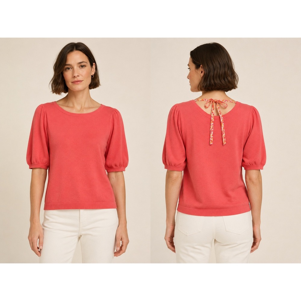 J.Crew Womens Puff Sleeve Knit Top Large Coral Floral Tie‎ Back Cotton Sweater